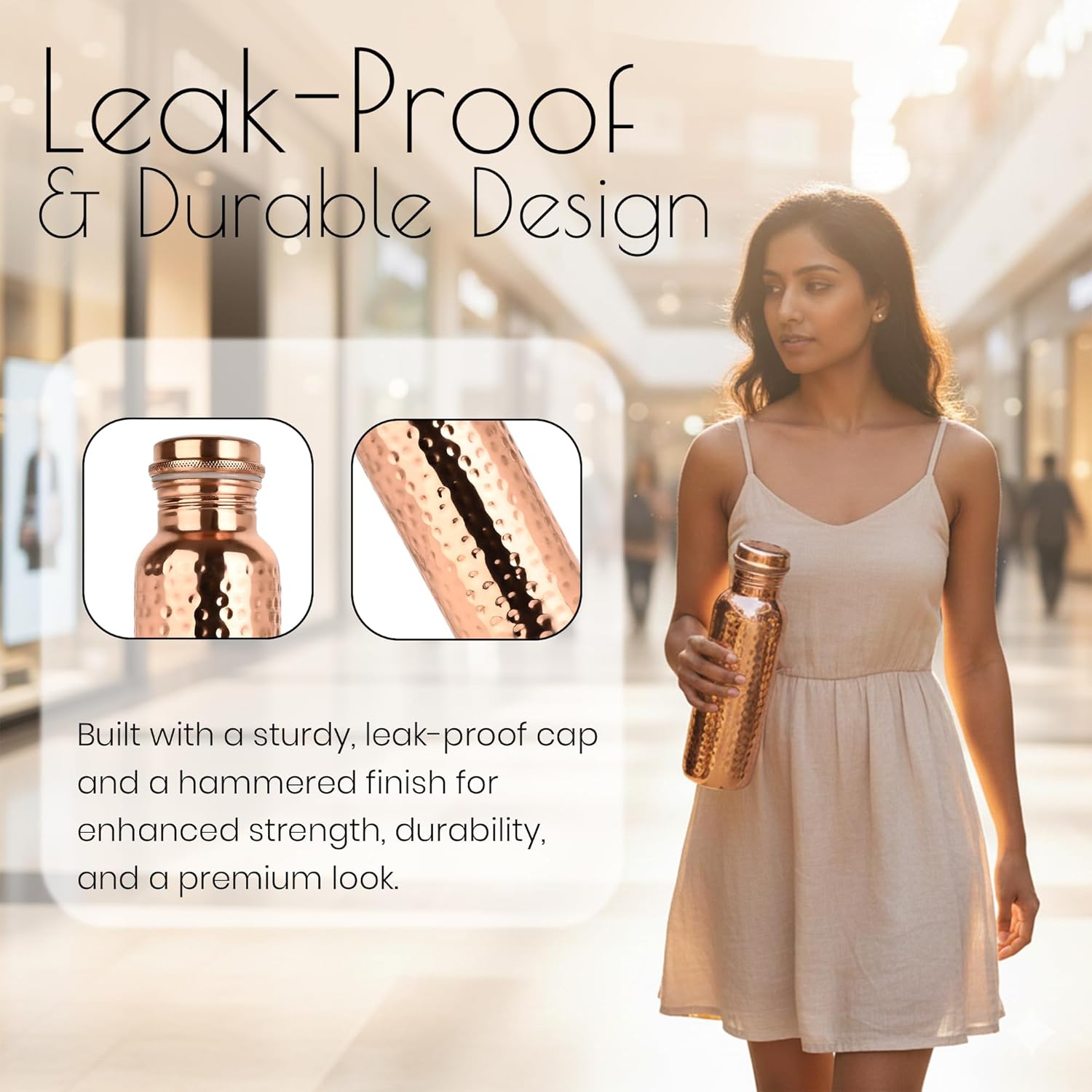 Pure Copper Water Bottle, Hammered Design, 34oz Capacity, Leak-Proof, with Carrying Bag, Straw, Cleaning Brushes for Ayurvedic Health, Hydration, Yoga, Office, Travel