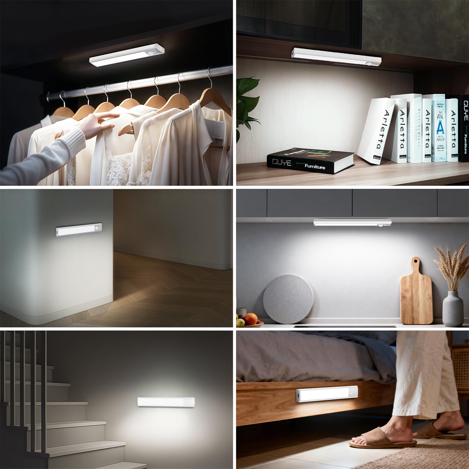daphomeu 5 Pack Rechargeable Under Cupboard Kitchen Lights, Dimmable Cabinet Light Type-C Charging, LED Motion Sensor Lights Indoor, Magnetic Stick Wireless Light for Shelf Stairs Wardrobe Closet — view 5