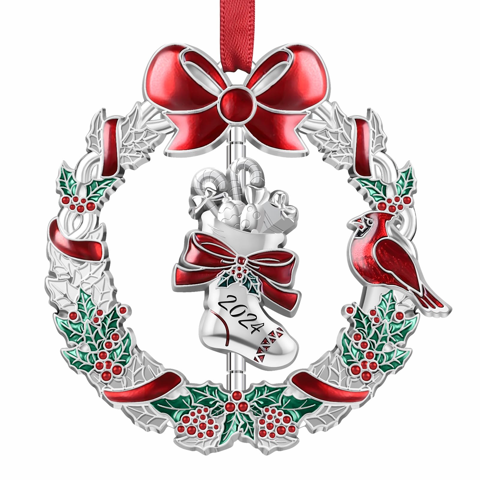 Christmas Ornament 2024 for Xmas Tree Decorations, 2024 Christmas Wreath Ornament with Rotatable Christmas Stockings for Holiday Decorative Keepsake Gift