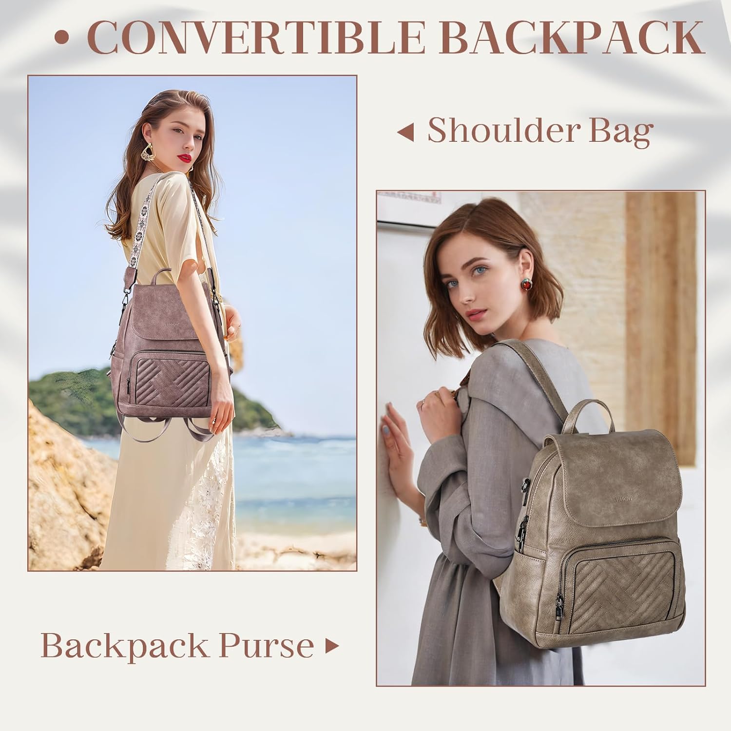 VASCHY Backpack Purse for Women, Chevron Quilted Vegen Leather Flap Backpack Convertible Handbag for Ladies with Guitar Strap Pink - Image 7