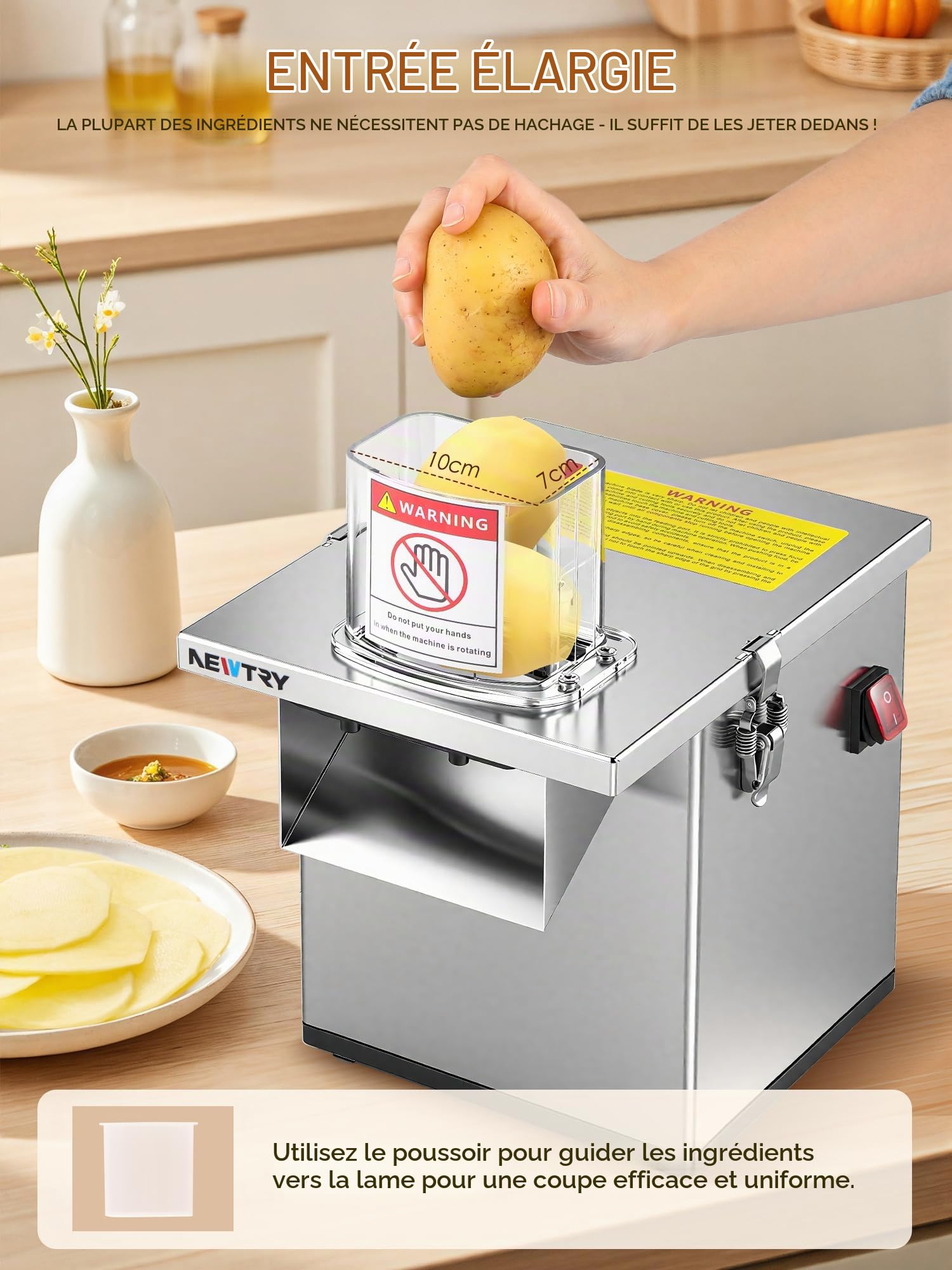NEWTRY Coupe-légumes électrique 200W 3-en-1 Gastro Inox coupe | Moteur puissant, 150kg/h, coupe en dés, râpe, haute efficacité, durable, polyvalent pour restaurants, cantines, traiteurs