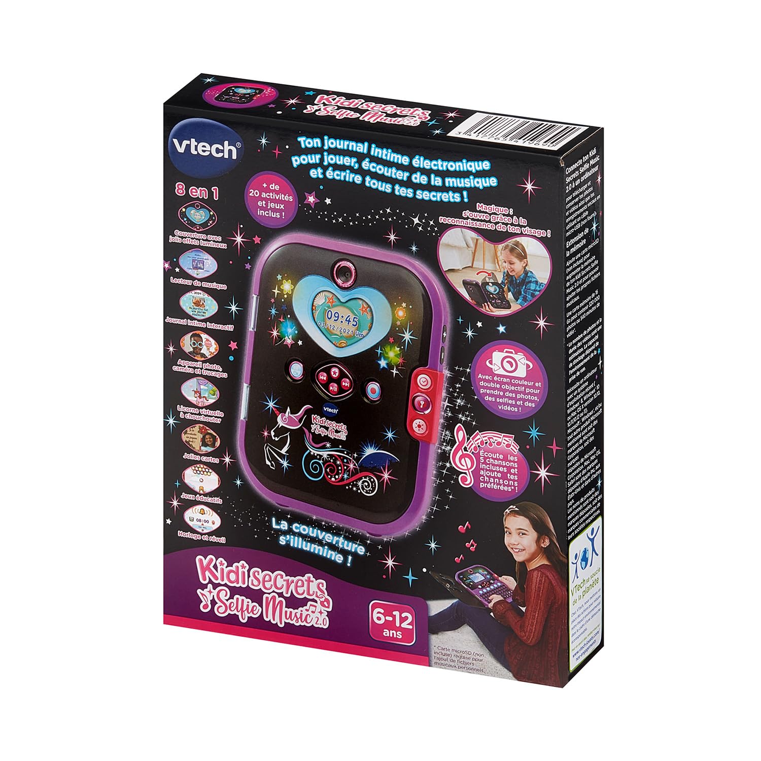 VTech KidiSecrets Selfie Music 2.0 Noir Journal Intime Électronique Enfant | Journal Secret Vidéo, Photo et Selfie pour Enfant Dès 6 Ans avec Clavier AZERTY, Effets Lumineux et Reconnaissance Faciale