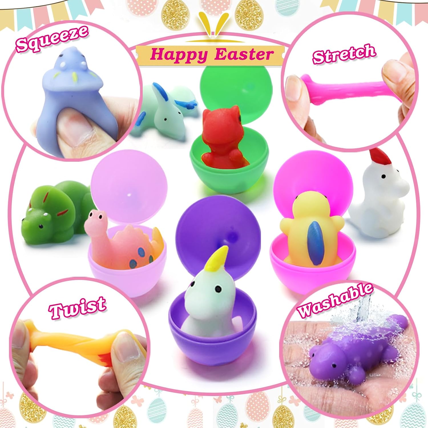Letapapa 24 Pack Easter Filled Eggs with Squishy Toys Inside, Dinosaur Squishies for Easter Basket Stuffers Easter Party Favors Egg Fillers Hunt Classroom Rewards