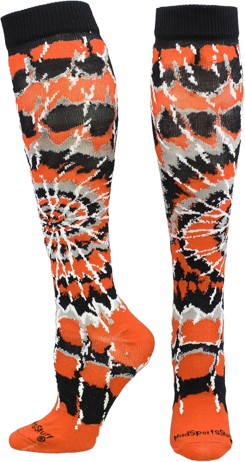 MadSportsStuff Crazy Tie Dye Socks for Softball Soccer Volleyball Tall Over the Calf Athletic Socks Fun Neon Colors