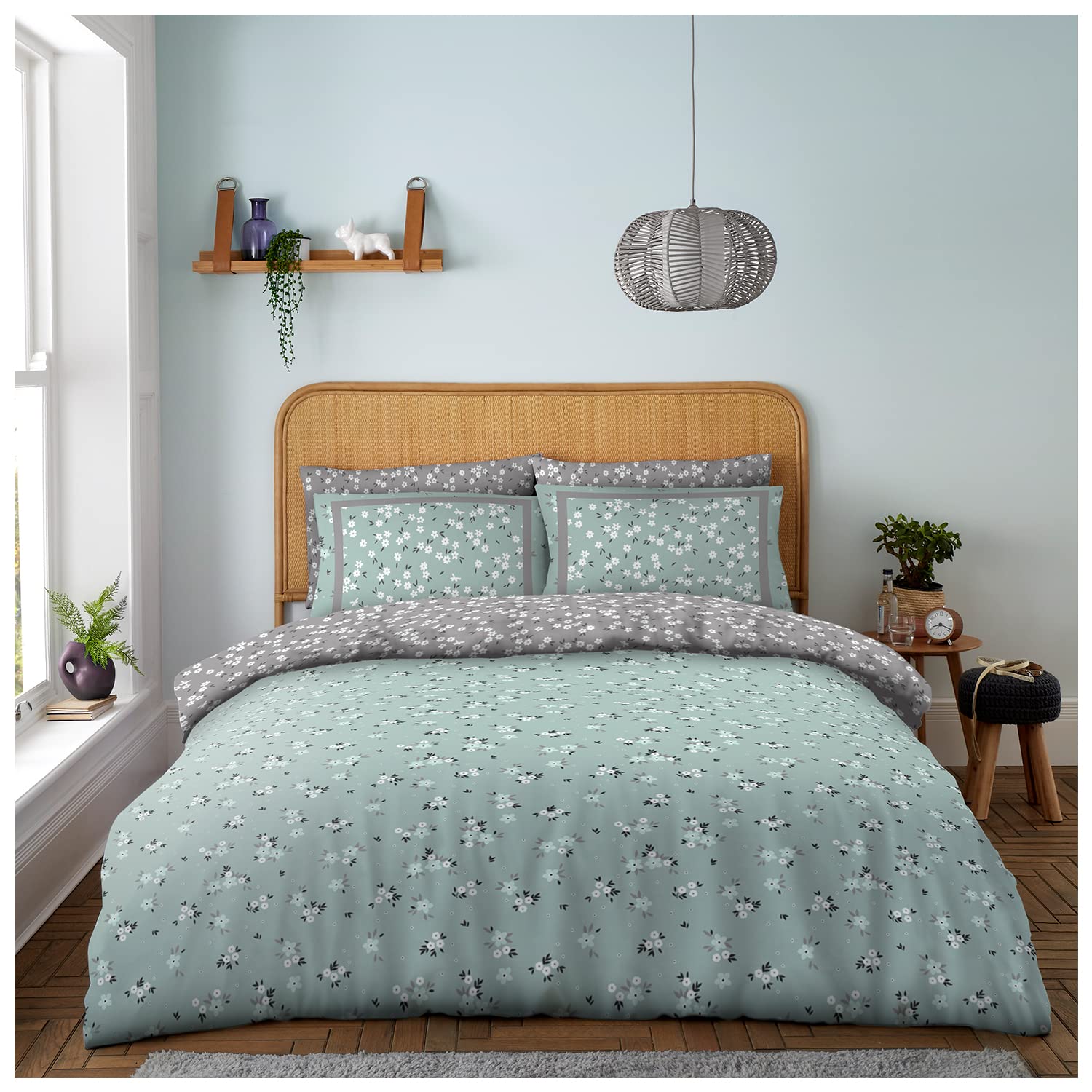 GC GAVENO CAVAILIA Easycare Flower Duvet Cover, Reversible Bedding Set Single, Printed Bedcover Floral Quilt Cover Sets, Green