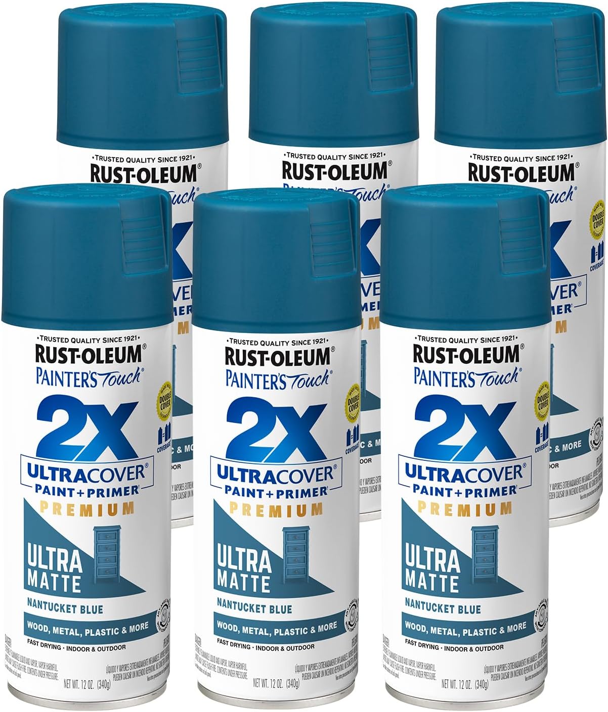 Rust-Oleum 331188-6PK Painter's Touch 2X Ultra Cover Spray Paint, 12 oz, Ultra Matte Nantucket Blue, 6 Pack
