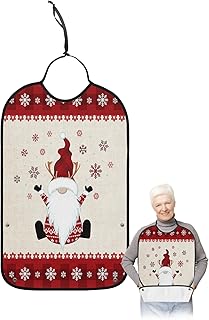 BOBOWUNY Christmas Gnomes Adult Bibs for Elder Women Men Eating, Red Checkered Winter Snowflake Linen Texture Waterproof & Washable Bibs for Eating Clothing Protector Dining Bibs for Crumb Catcher