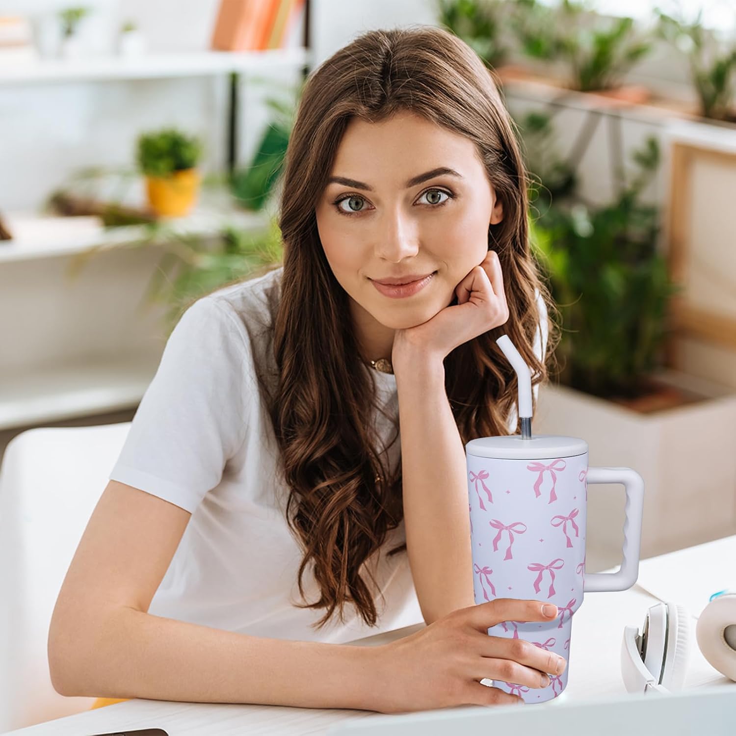 Bow Tumbler, Bow Cup 40oz with Handle and Straw Lid Gifts for Women Girls Birthday Christmas Double Insulated Cup Travel Coffee Mug - Image 4