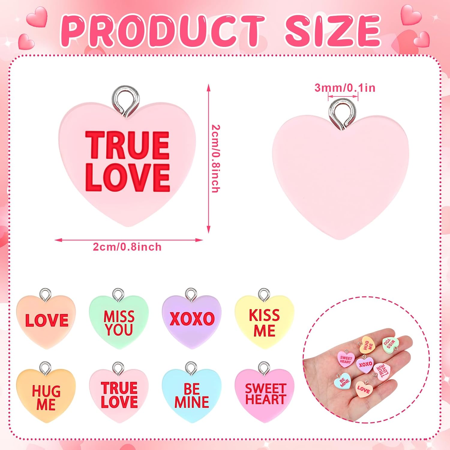 Augshy 64 Pcs Valentine Heart Charms Conversation Heart Resin Charms Conversation Heart Beads Flat Heart Pendant for Valentine's Day DIY Craft Bracelet Necklace Jewelry Making - Image 2
