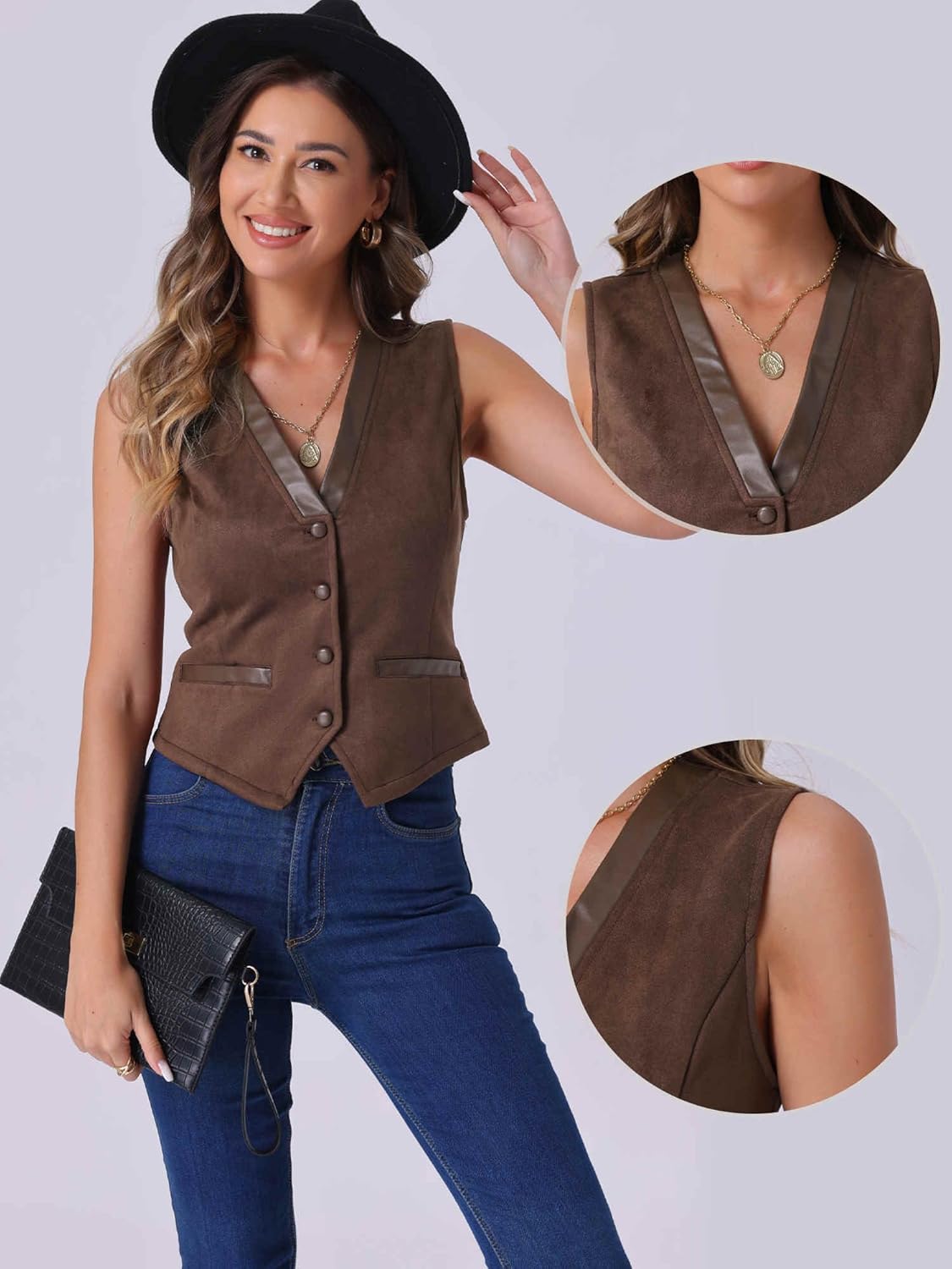 Allegra K Vintage Suit Waistcoat for Women's V Neck Faux Suede Button Down Sleeveless Jacket Vest - Image 2