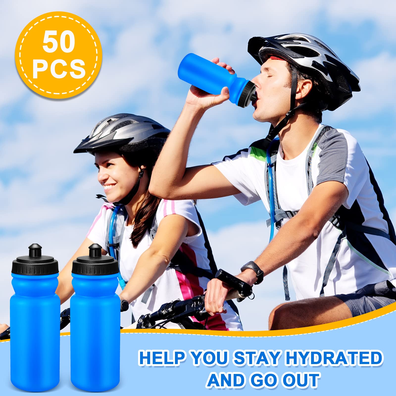 Lot de 50 bouteilles d'eau de sport de 591 ml - Réutilisables - En plastique sans BPA - Pour grands événements sportifs - Garçons et filles - Adultes (bleu-noir)