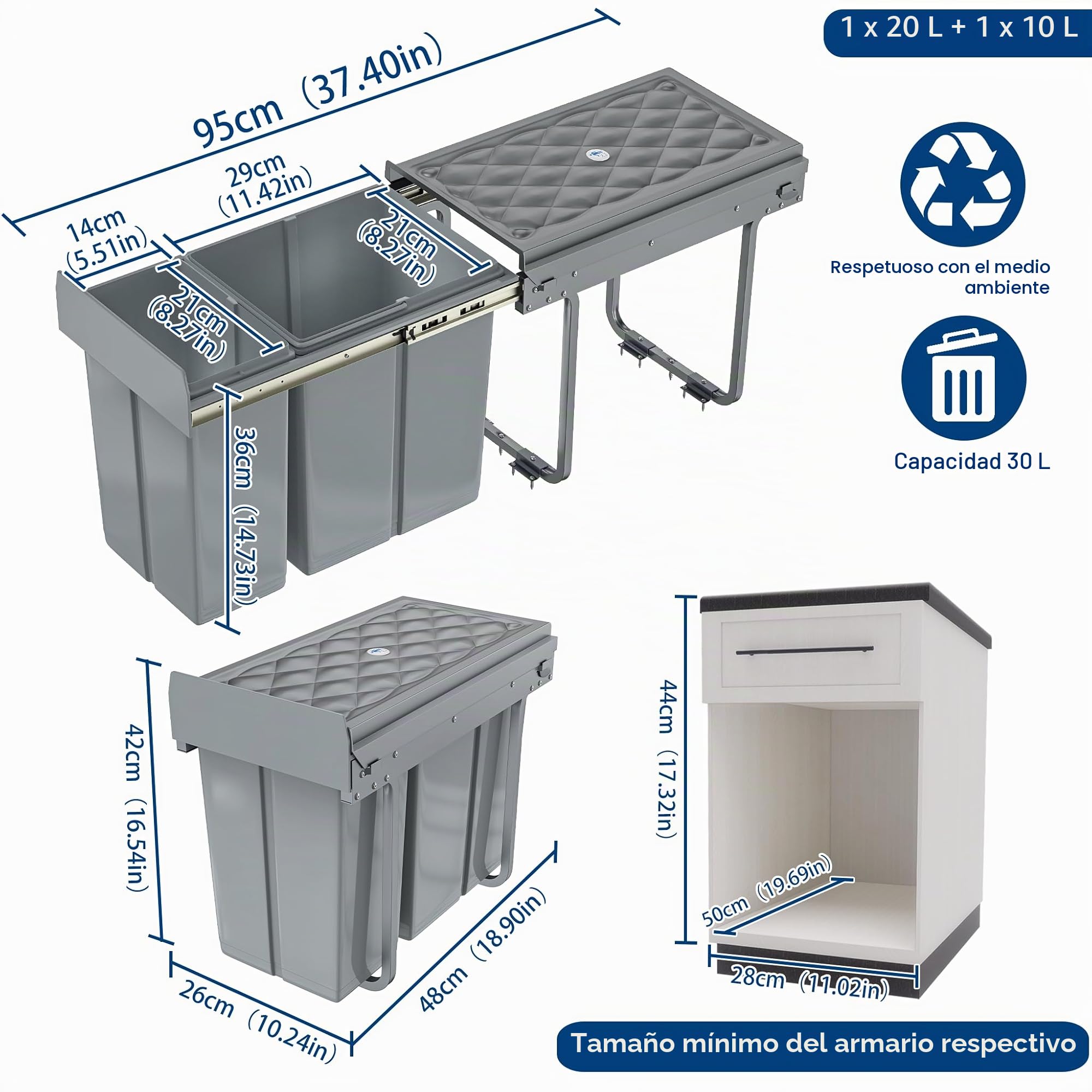 Froadp Basurero de Cocina Integrado, Cubo de Basura Extensible, 2 Compartimentos, Sistema de Separación de Basura, Salida Completa con Guías Telescópicas 48 x 26 x 41,8 cm - 1x20L+1X10L