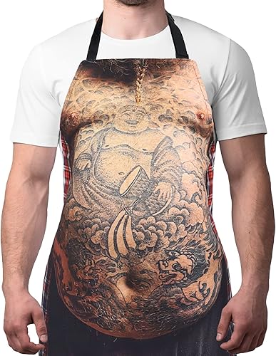 Divertidos delantales de cocina para hombres, para cocinar, tatuaje, vientre, barbacoa, divertidos regalos de broma para Navidad, intercambio de