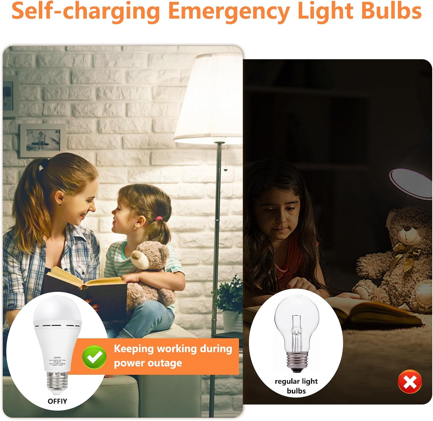 Emergency Light Bulbs, 1800mAh High-Capacity Battery for Longer Emergency Time, 9W,750LM,5000K Rechargeable Light Bulbs for Power Outage, A19 E26 Led Light Bulbs, 6PK,with 6 Hooks & Plug Caps