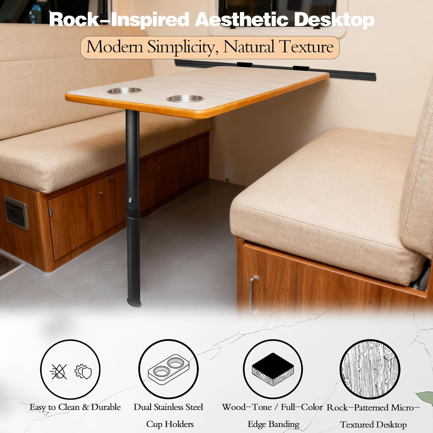 RV Folding Tabletop Kit, 31.5"x15.8" Rock Textured Desktop with Built-in Cupholders, Adjustable Height Aluminum Alloy Legs, Space-Saving for Campers Yachts Motorhomes (Black)