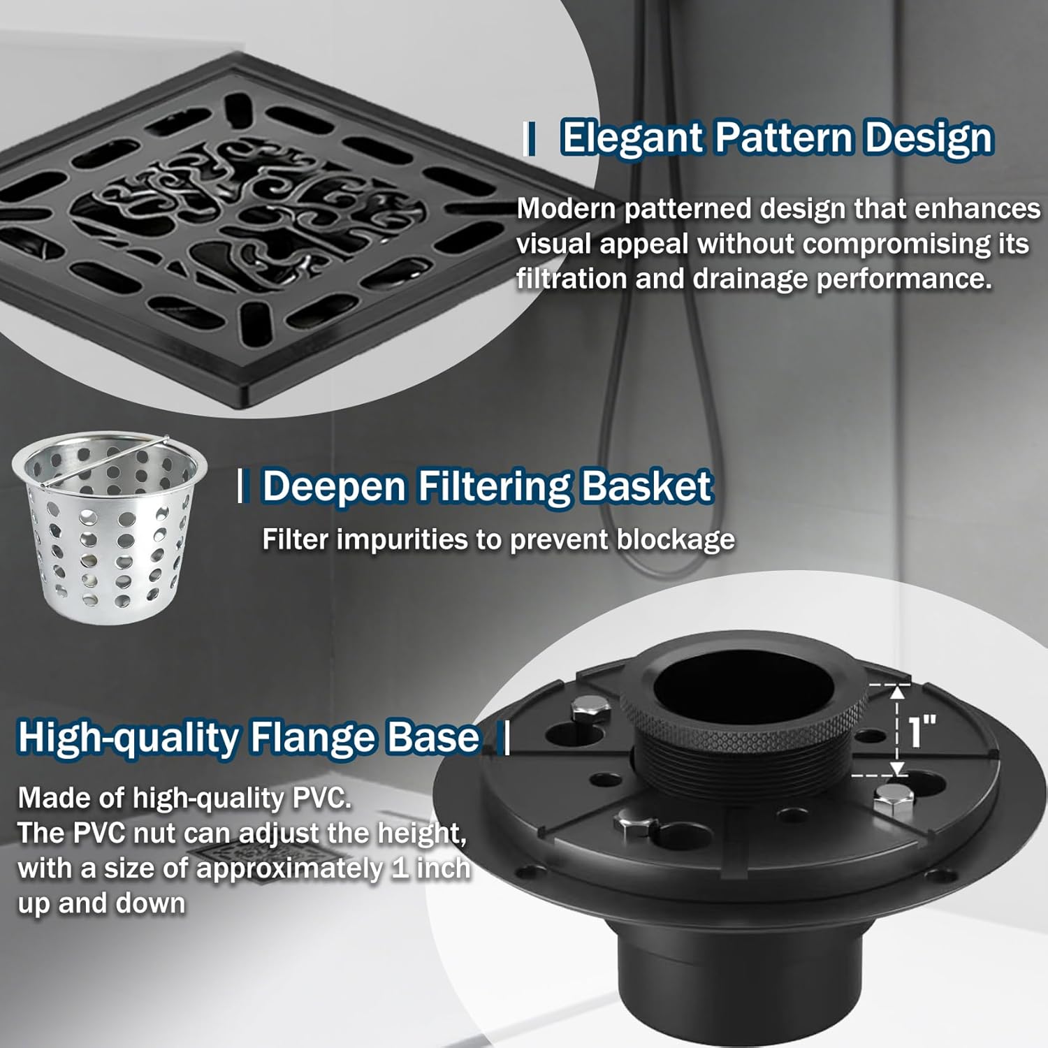 4 Inch Shower Drain, Square Shower Floor Drain Kit with Flange and Removable Cover Grate, AISI 304 Stainless Steel, Matte Black