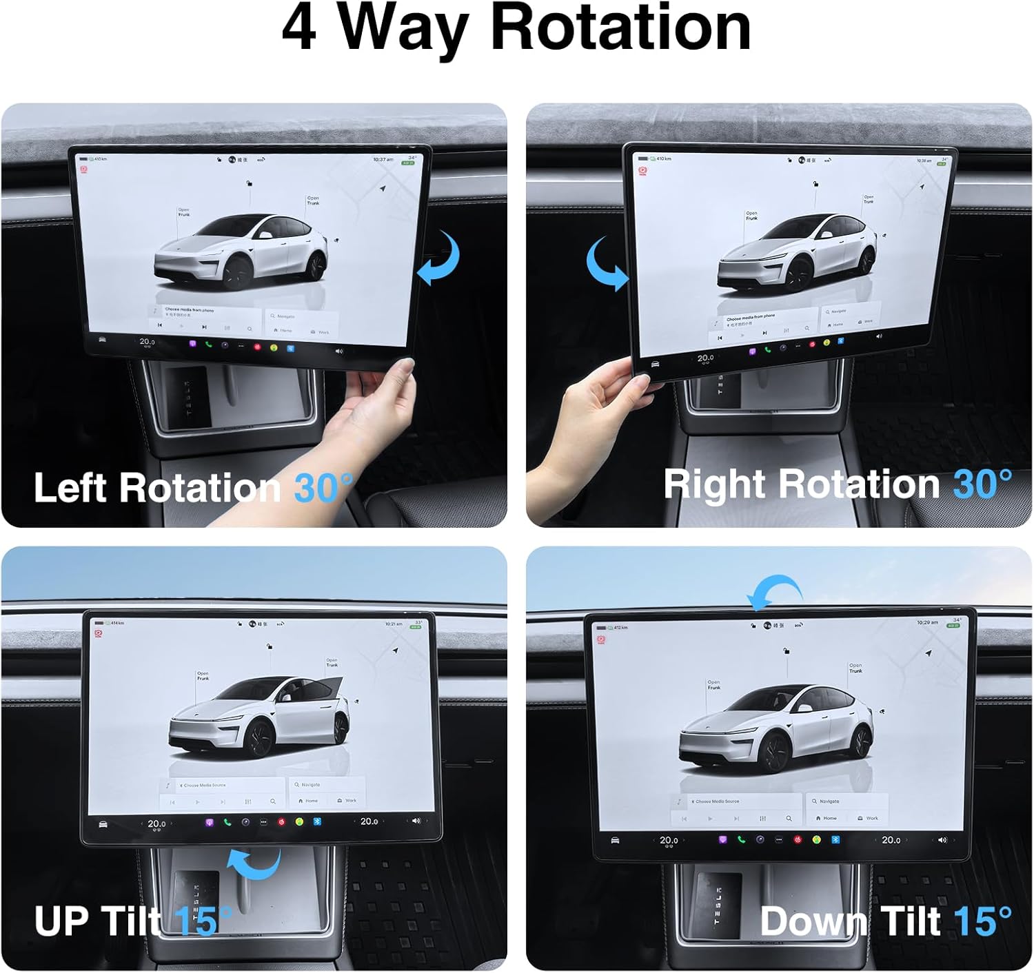 Screen Swivel Mount for Tesla Model Y Juniper(2025-2026) & Model 3 Highland(2024-2025) - Left/Right 30° Up/Down 15° Rotating Bracket, 4-Way Adjustable Screen Mount for Tesla Center Display