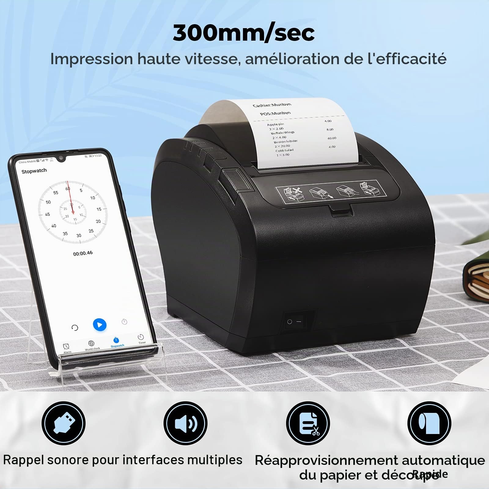MUNBYN WiFi Imprimante de Reçus Thermique 80mm, Imprimante Ticket de Caisse USB Ethernet pour Cuisine, Supermarché avec Support de Coupe Automatique pour Windows/Mac/Linux, Command ESC/POS, Noir