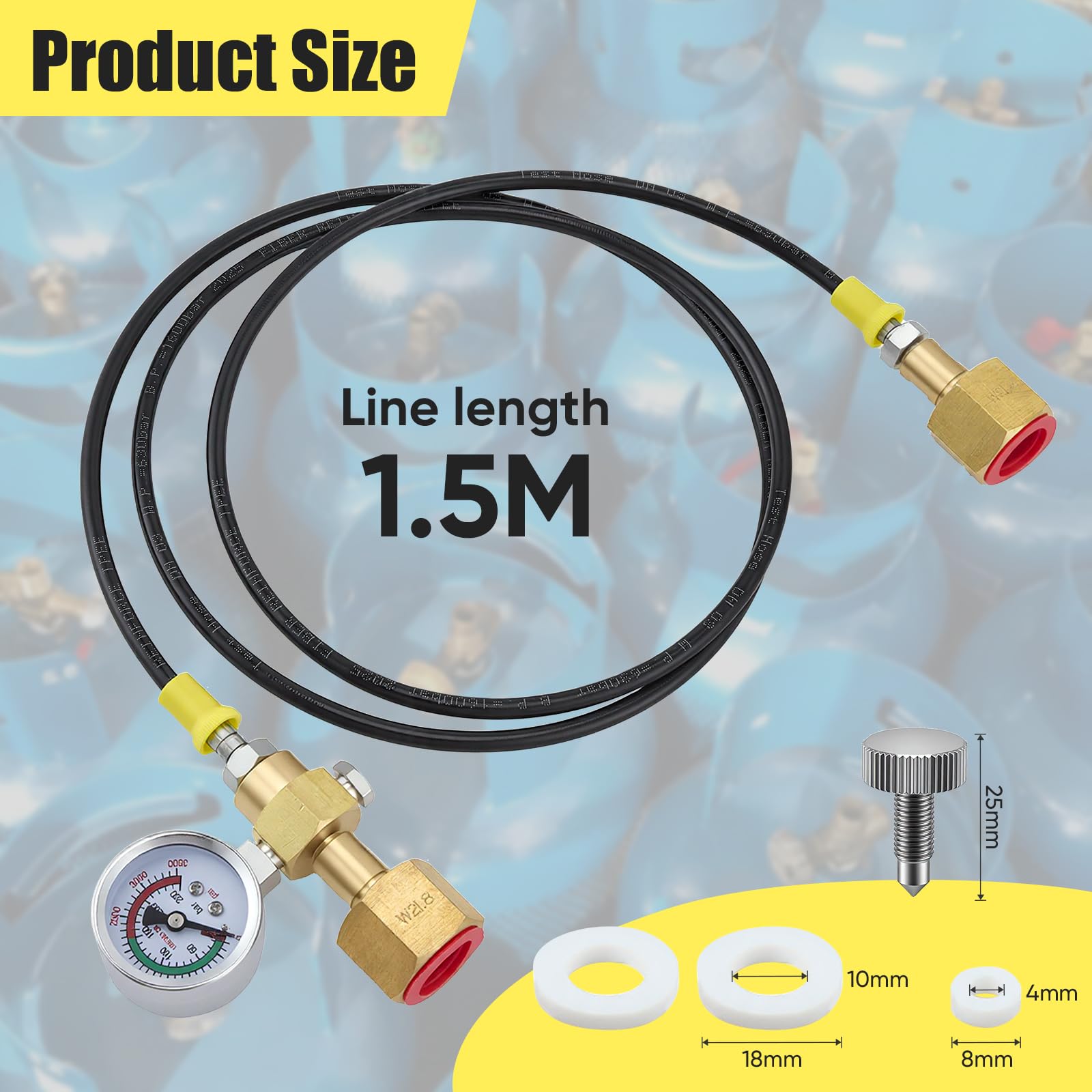Schutzgas Umfüllschlauch 1,5m 2x W21.8-14 DIN477 CO2 Adapter Hochdruckschlauch 3500PSI Manometer CO2 Nachfüllstation Gasschlauch Argon Stickstoff Schweißgerät