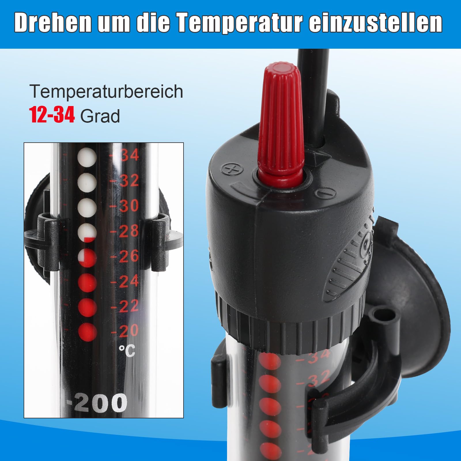 Heizstab Aquarium Heizung Mit Schutzhülle Einstellbare Thermometer Aquarienheizer für Fischtanks Thermostat für Fischtanks 60L (12-34°C, 50W)
