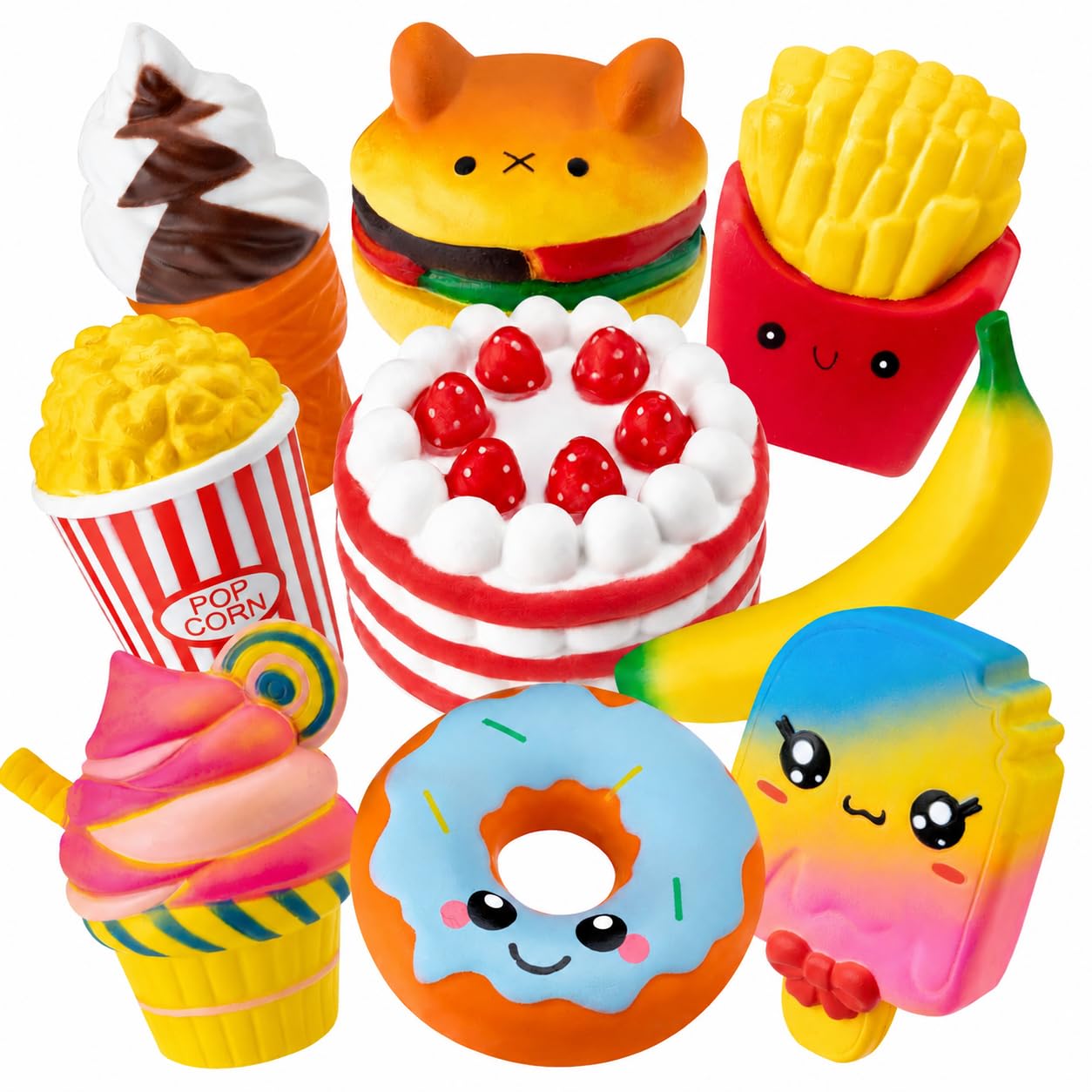 Lot de 9 jouets à presser géants à reprise lente, kawaii doux pour soulager le stress, comprend hamburger, popcorn, gâteau, crème glacée, beignet, pour garçons et filles