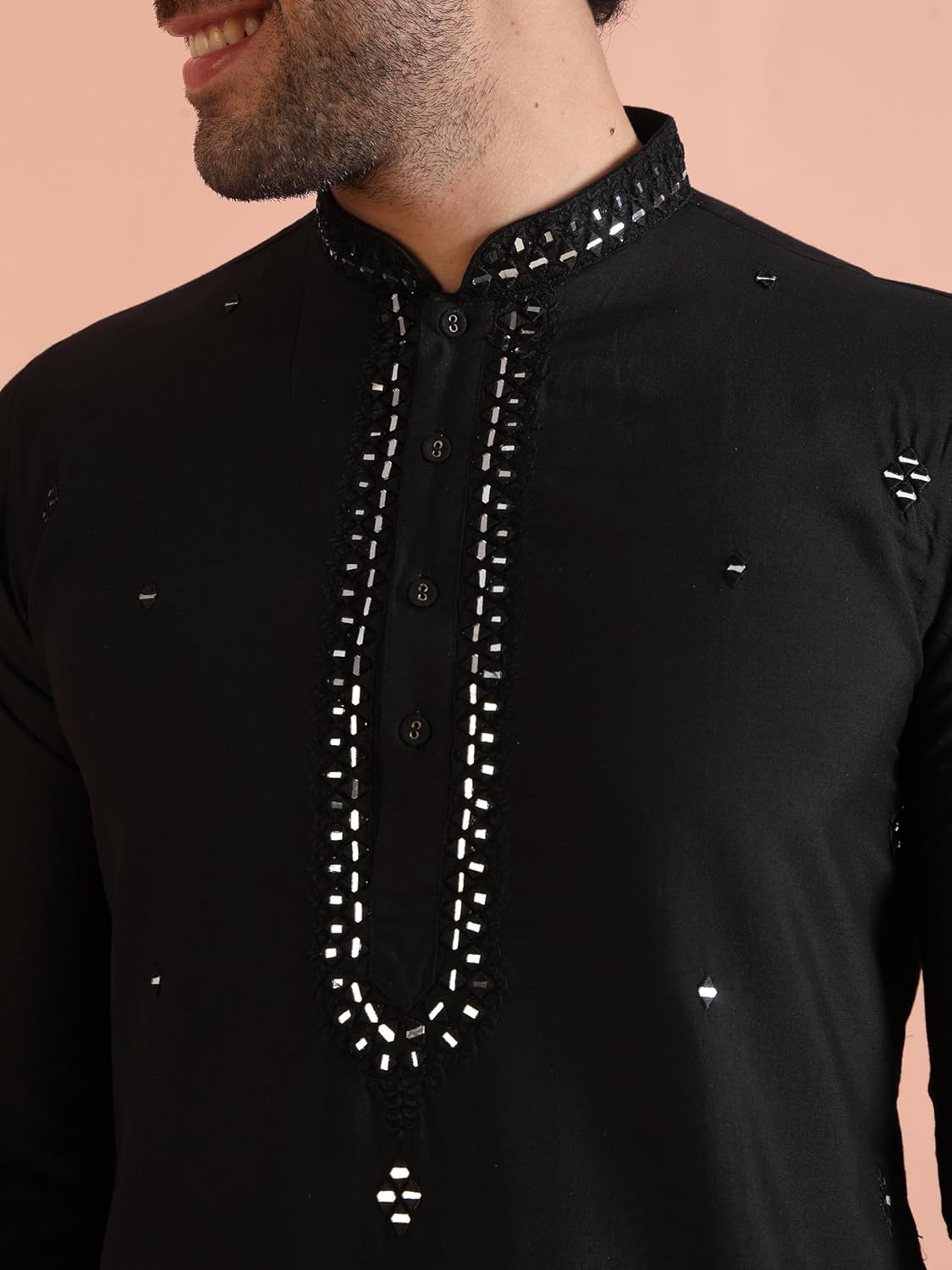 KISAH Men's Kurta – Mirror Work Embroidery Cotton Blend Tunic with Mandarin Collar, Regular Fit – Indian Wedding Outfit for Men – Festive Wear for Diwali, Eid & Celebrations, Black, 42 - Image 2