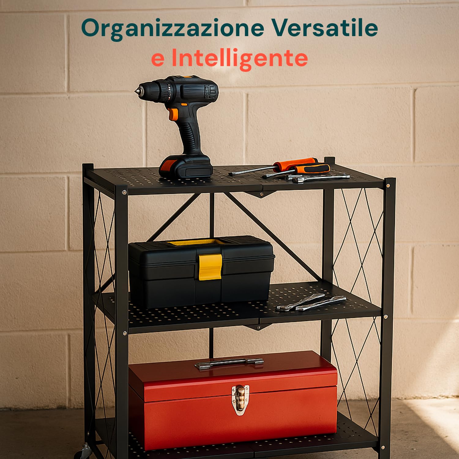 Avilia - Scaffale Richiudibile 3 Ripiani in Metallo Verniciato Nero, Stile Industriale Moderno, Pieghevole Senza Viti, Ideale per Casa, Ufficio, Cucina e Garage