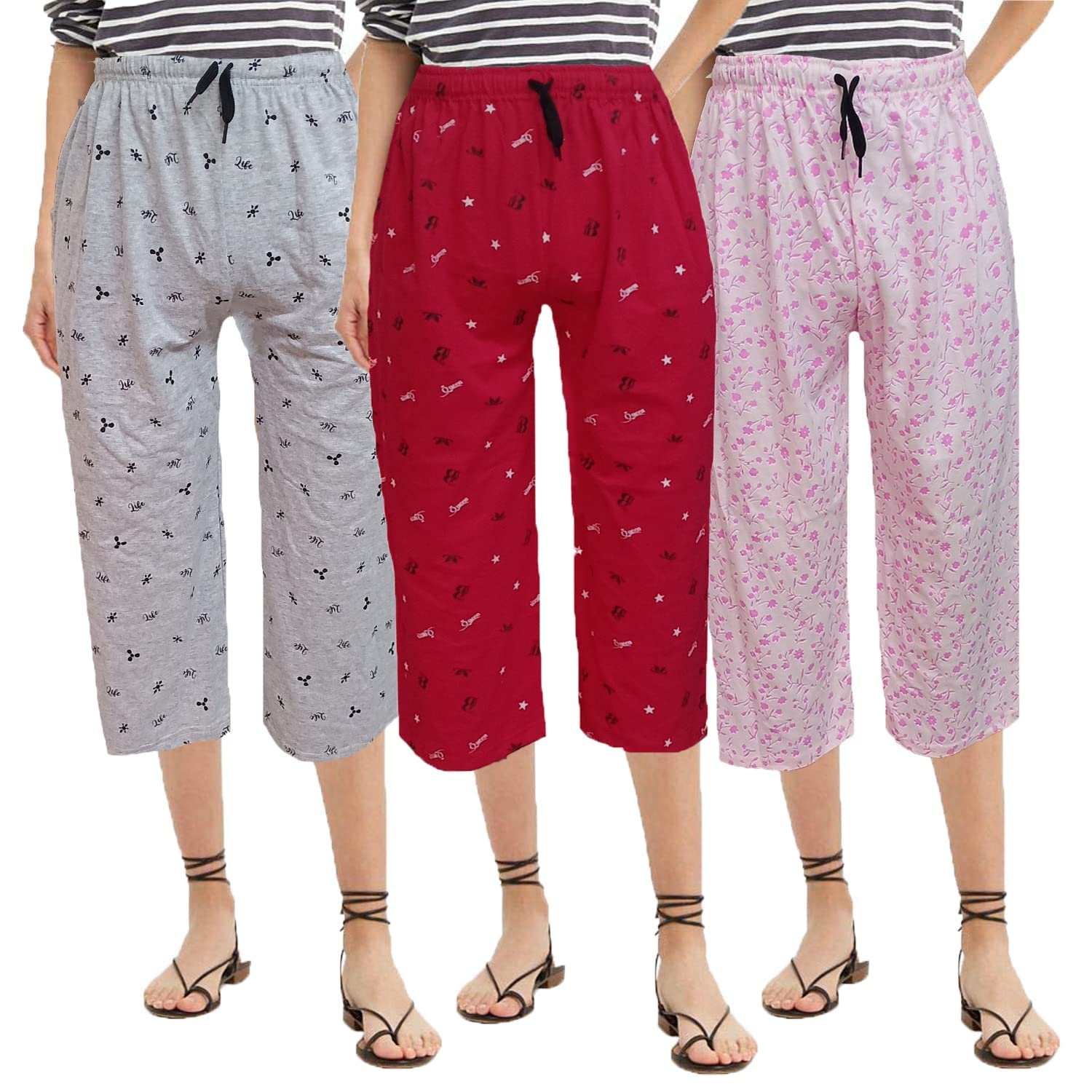 SUMAN TEXWomen's Cotton Printed Nightwear Capris Pyjama Capri for Girls and Women Printed 3/4 Pyjama Set of 3 Multicolor, Prints and Colors May Vary