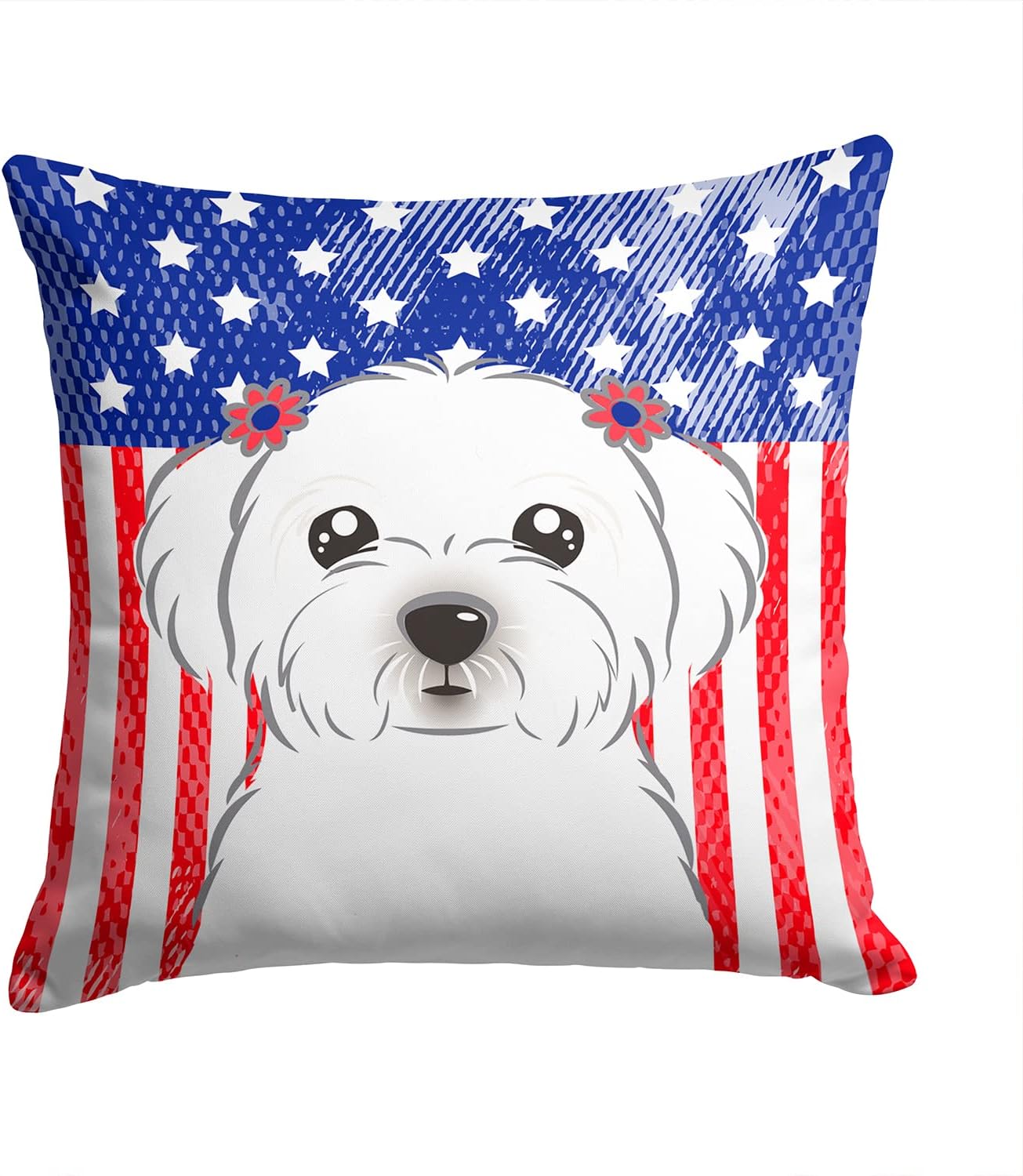 Caroline's Treasures BB2138PW1414 American Flag and Maltese Fabric Decorative Pillow Machine Washable, Indoor Outdoor Decorative Pillow for Couch, Bed or Patio, 14Hx14W
