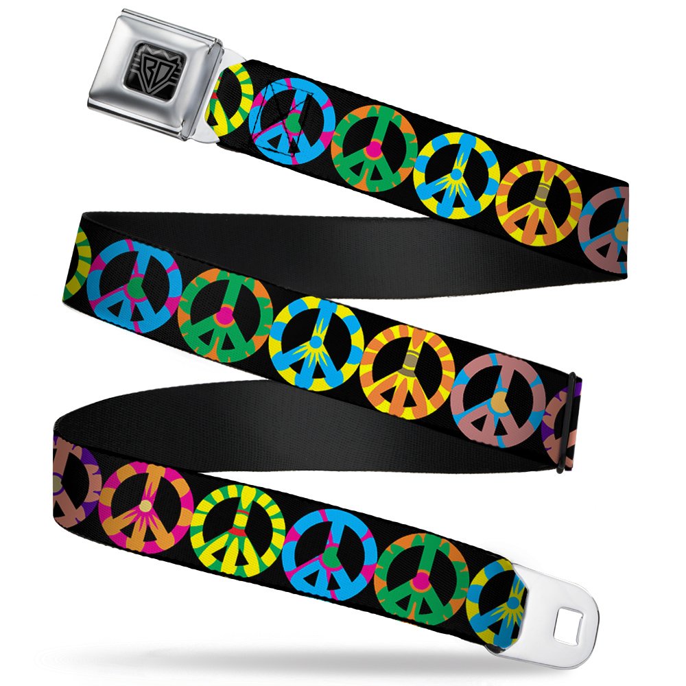 Buckle-Down Belt, Seatbelt Buckle Belt, Peace Flowers Black Multi Color, 24 to 38 Inches