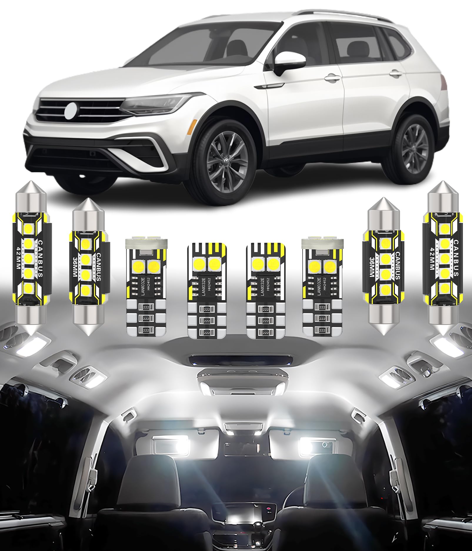 BMT xms 8pz Kit di Luci LED per Interni per Volkswagen VW Tiguan 2 2017-2023 (S & SE trims w/o sunroof), Lampadine LED per Interni Auto e Camion 6000K Bianco Luminoso