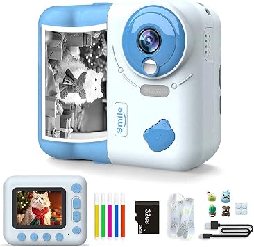 Instant Print Camera for Kids, Christmas Birthday Gifts for Girls Boys 4 5 6 7 8 9 10 11 12 Years Old, 1080P HD Digital Camera with Color Pens/3 Rolls Print Paper/32G Card