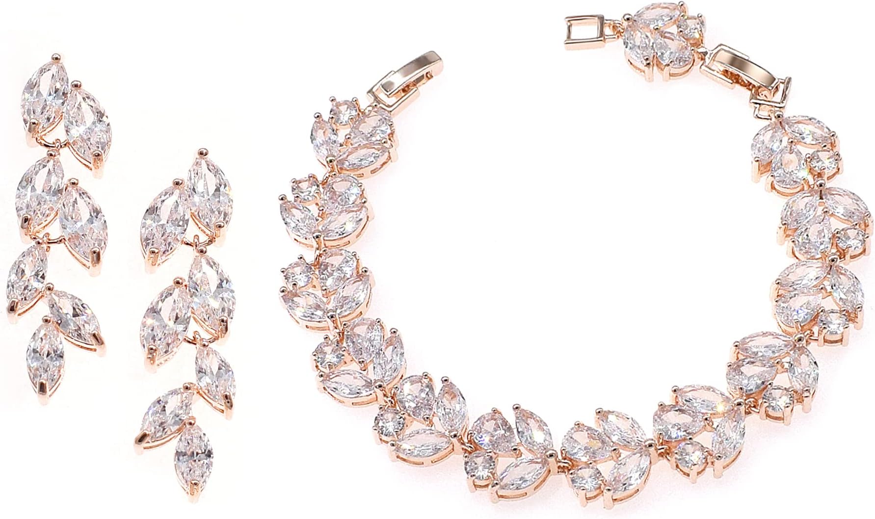 UDYLGOONCubic Zirconia Leafs Earrings Bracelet Jewelry Set for Bridal Bridesmaid Prom