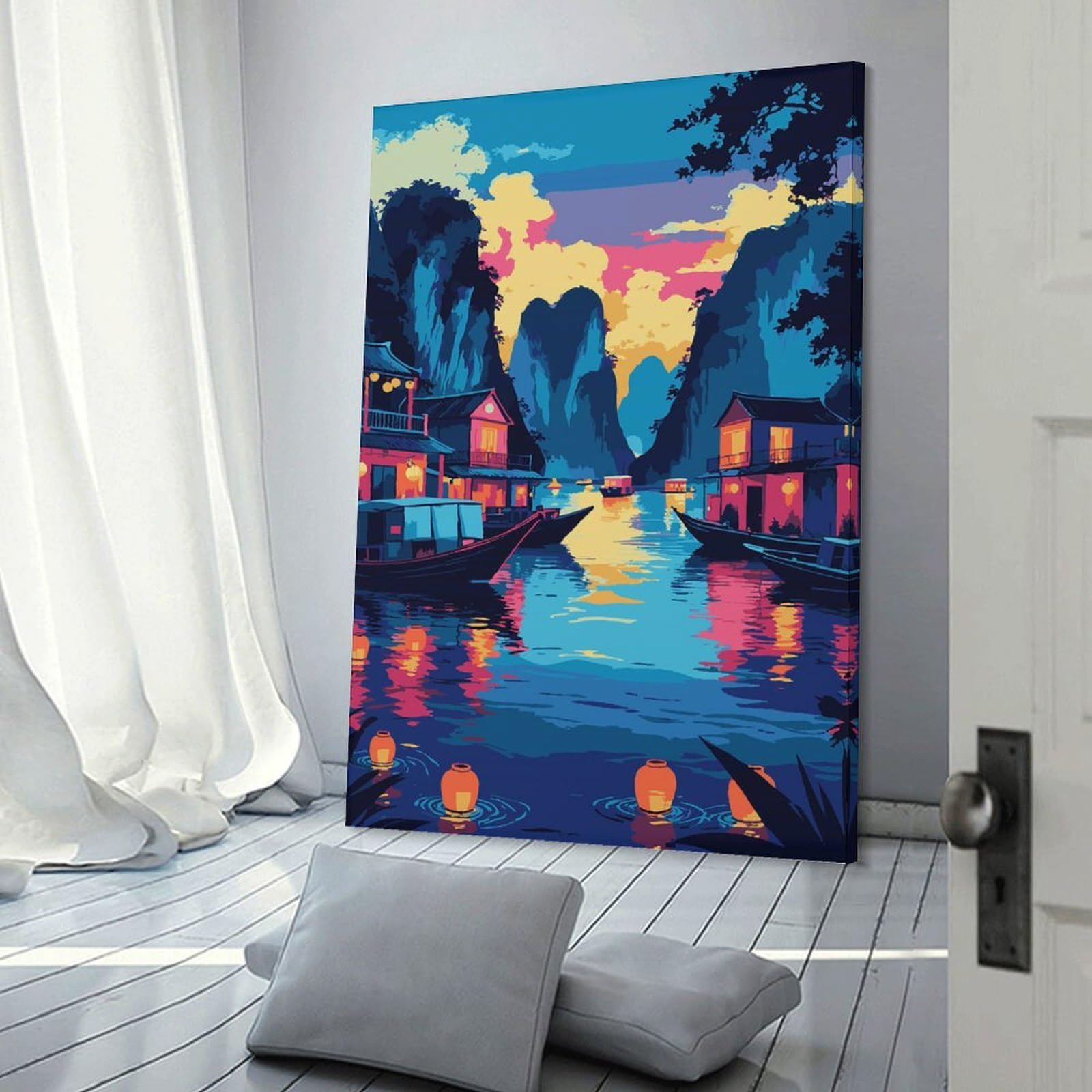 Junmoney Canvas Wall Decor Vibrant Asian River Village at Dusk, 20x30inch(50x75cm), for Restful Interiors, Bedrooms Or Small Rooms, Canvas Wall Decor for Personal Spaces