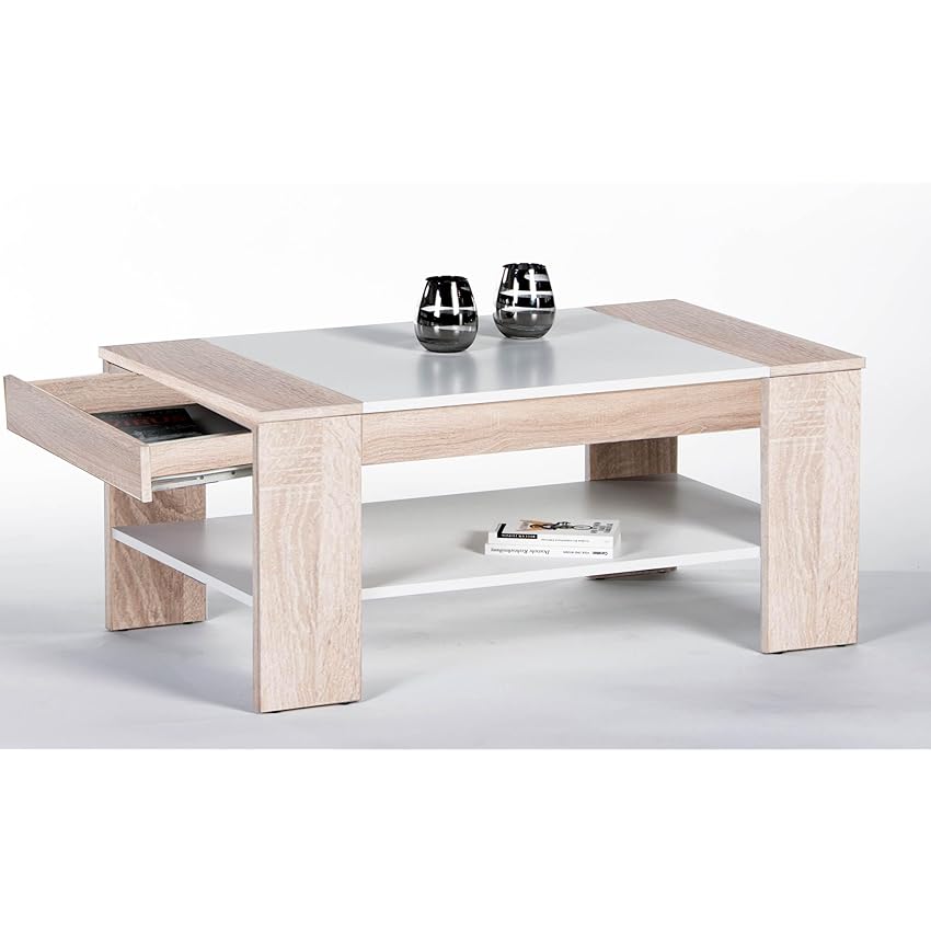 Immagine del prodotto Stella Trading Finley Plus Rovere Sonoma, Bianco-spazioso tavolino con cassetto e ripiano per Il Vostro Soggiorno, Engineered Wood, 100 x 44 x 58 cm