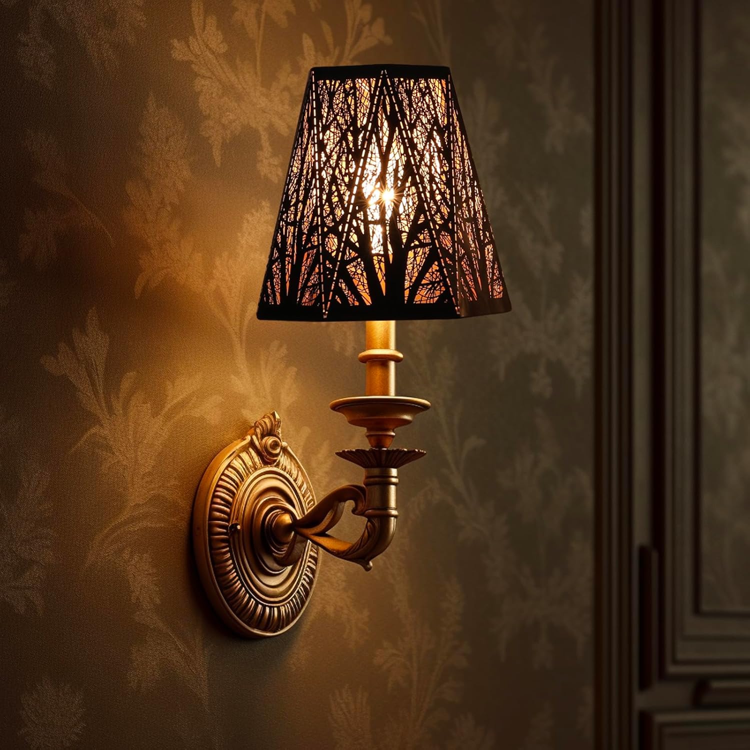Double Etched Forest Metal Lamp Shades Clip On Bulb Set of 2 for Candelabra Bulbs, Barrel Metal Lampshade for Table Chandelier Wall Lamp 3.35 x 5 x 5.6 Inch, 2Pcs (Outer Black Inner Gold)