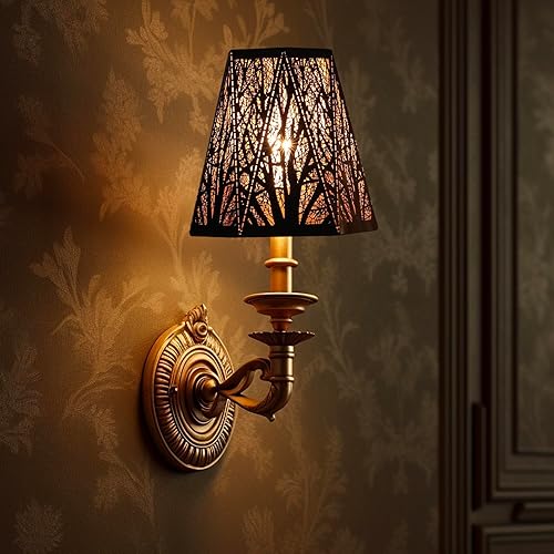 Miniatura 8 de Juego de 2 bombillas de metal de bosque con doble grabado para bombillas de candelabro, pantalla de metal de barril para lámpara de pared de lámpara