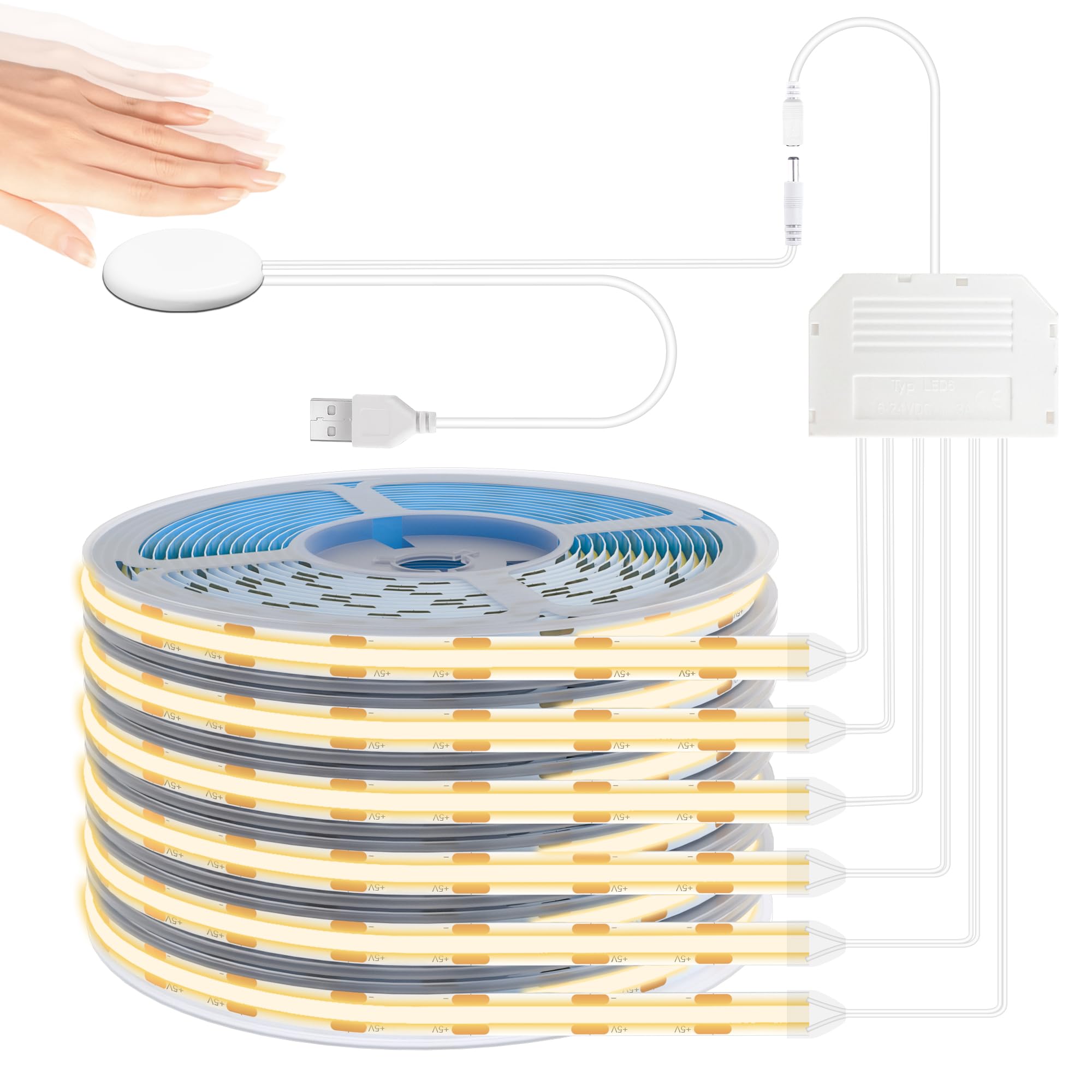 Lichaser 3.3FT USB COB LED Strip Light, 6 Rolls LED Lights for Wood Slat Wall Panels and Acoustic Panel Parallel with Dimmable Touch Sensor, Flexible 3000K COB Strip Cuttable for Shelves, Cabinet