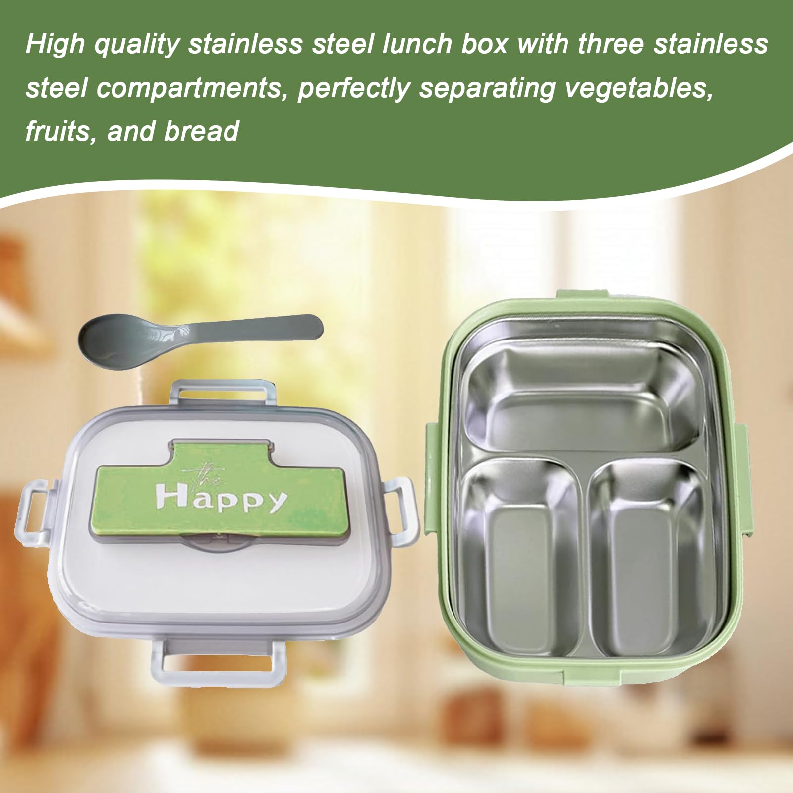 Porta Pranzo con 3 Scomparti e Cucchiaio, Lunch Box in Acciaio Inox Senza BPA, Bento Box per Scuola e Lavoro, Porta Merenda per Bambini e Adulti