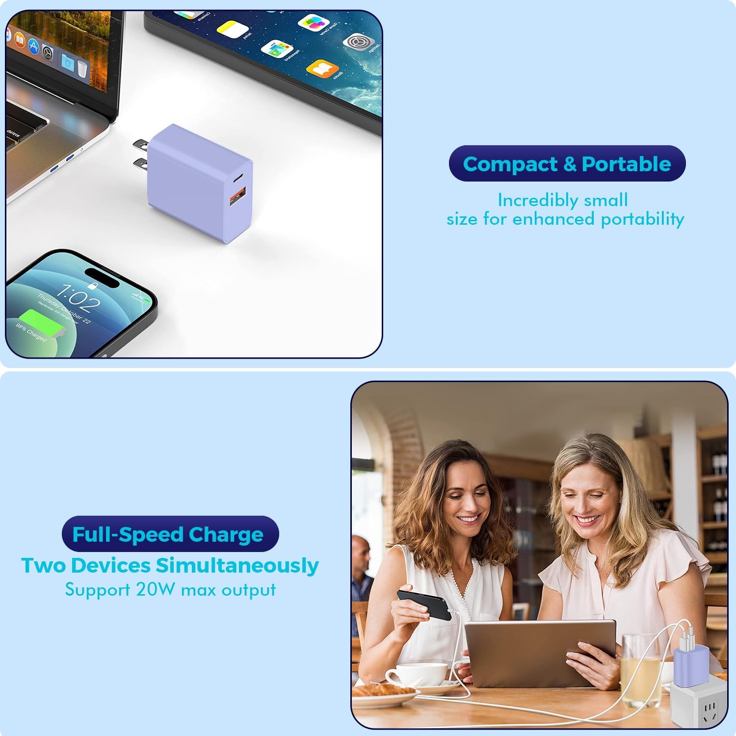 2Pack iPhone 17 Fast Charger,20W Dual USB A+C QC Wall Charger with 10FT USB C-C Charging Cord Apple Charger Fast Charging for iPhone 17/17 Air/17 Pro/16e/16/16 Pro/15/15 Pro/Pro Max/Plus(Purple/Pink)