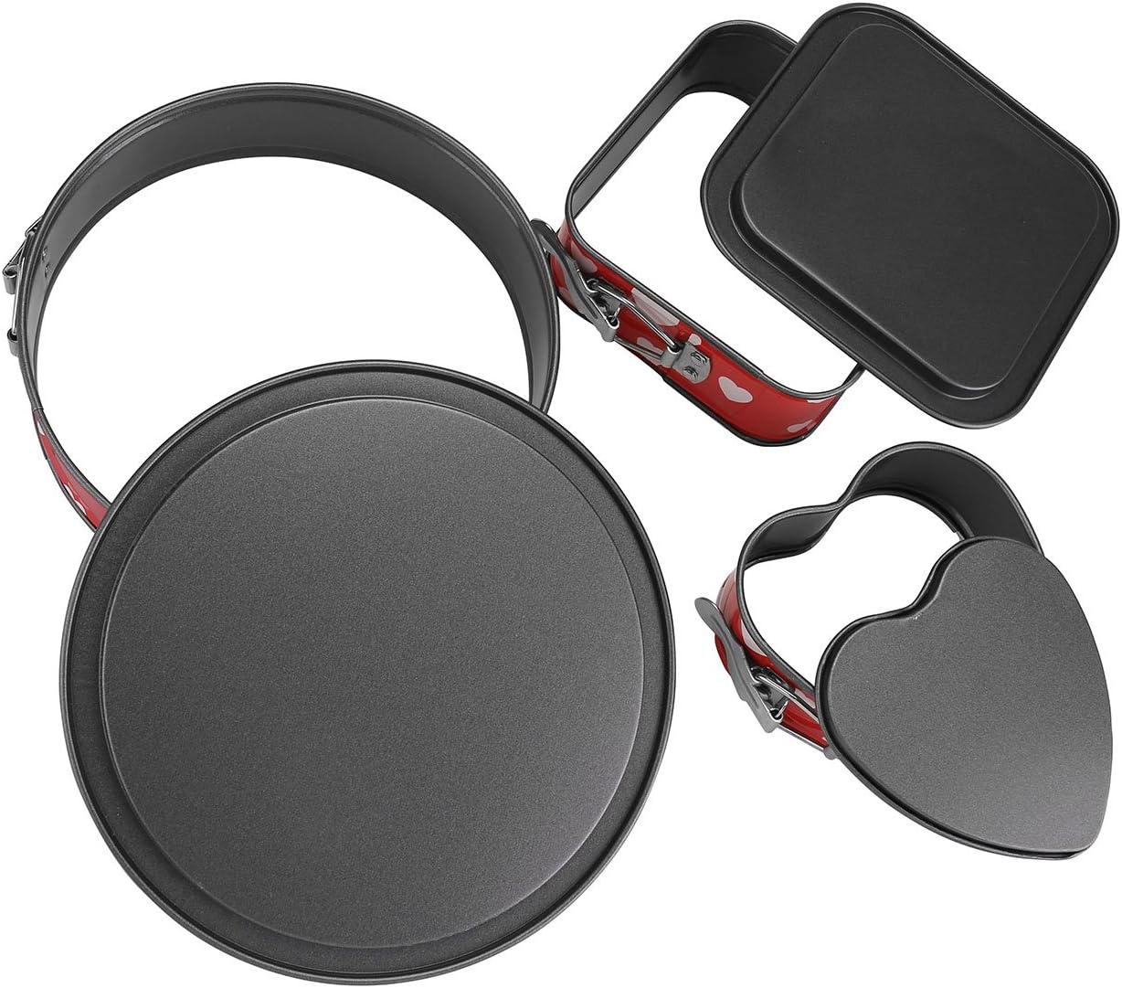 3Pcs High Leakproof Base Mini Springform Pans, 4"/5"/7" Mini Nonstick Cheesecake Mold Set with Removable Bottom, Heart Square Round Shaped (Red Heart)