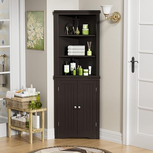 YESHOMY Corner Cabinet Shelves, Side Free Standing Storage Organizer with Large Space and Two Doors, Home Furniture for Multifunction in Living Room, Bathroom, Hallway, Kitchen, Bedroom, Espresso