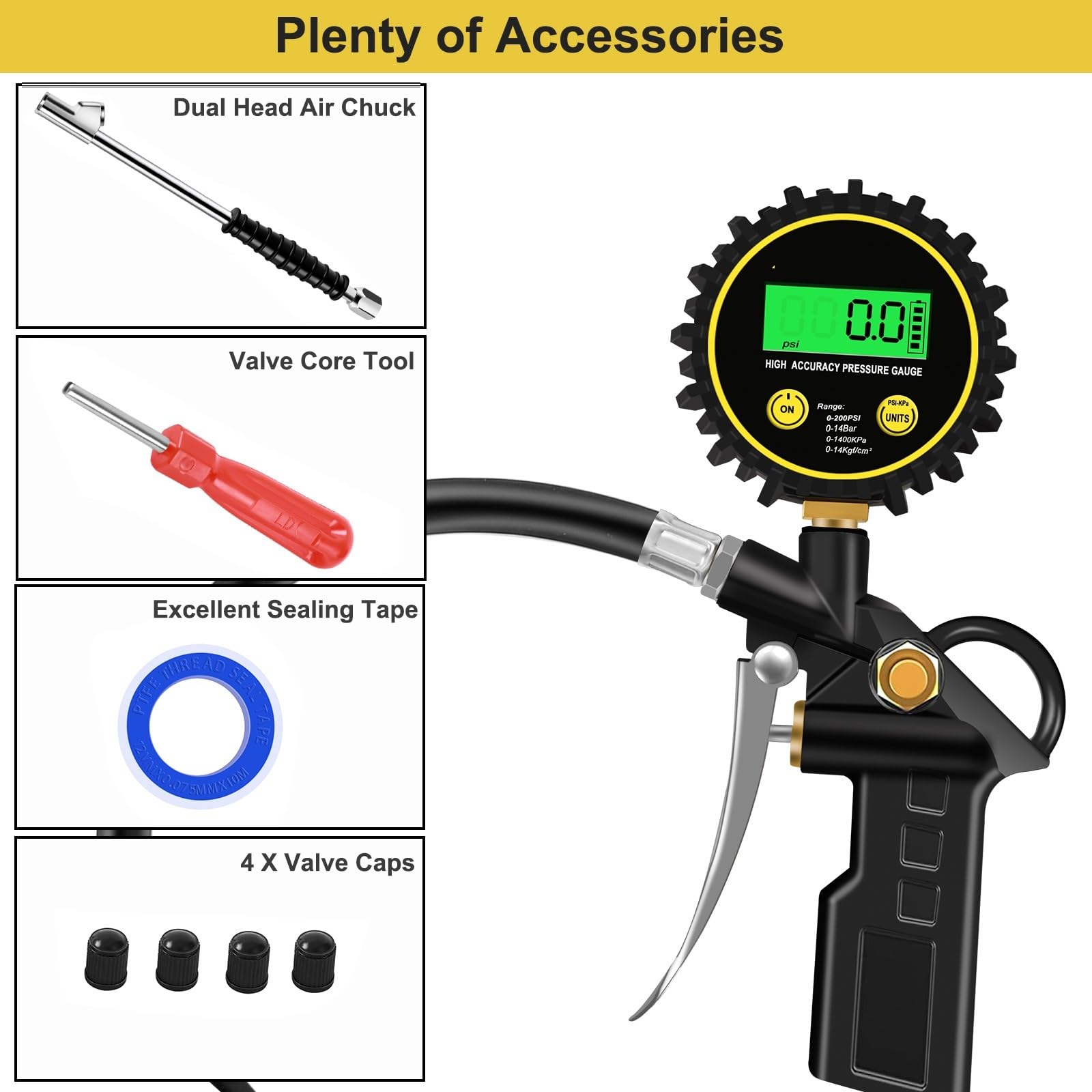 Manómetro de neumáticos Inflador De Neumáticos De Alta Resistencia, Herramienta De Aire, Inflador De Neumáticos Digital De 200 PSI, Manómetro Analógico, Accesorio De Manómetro