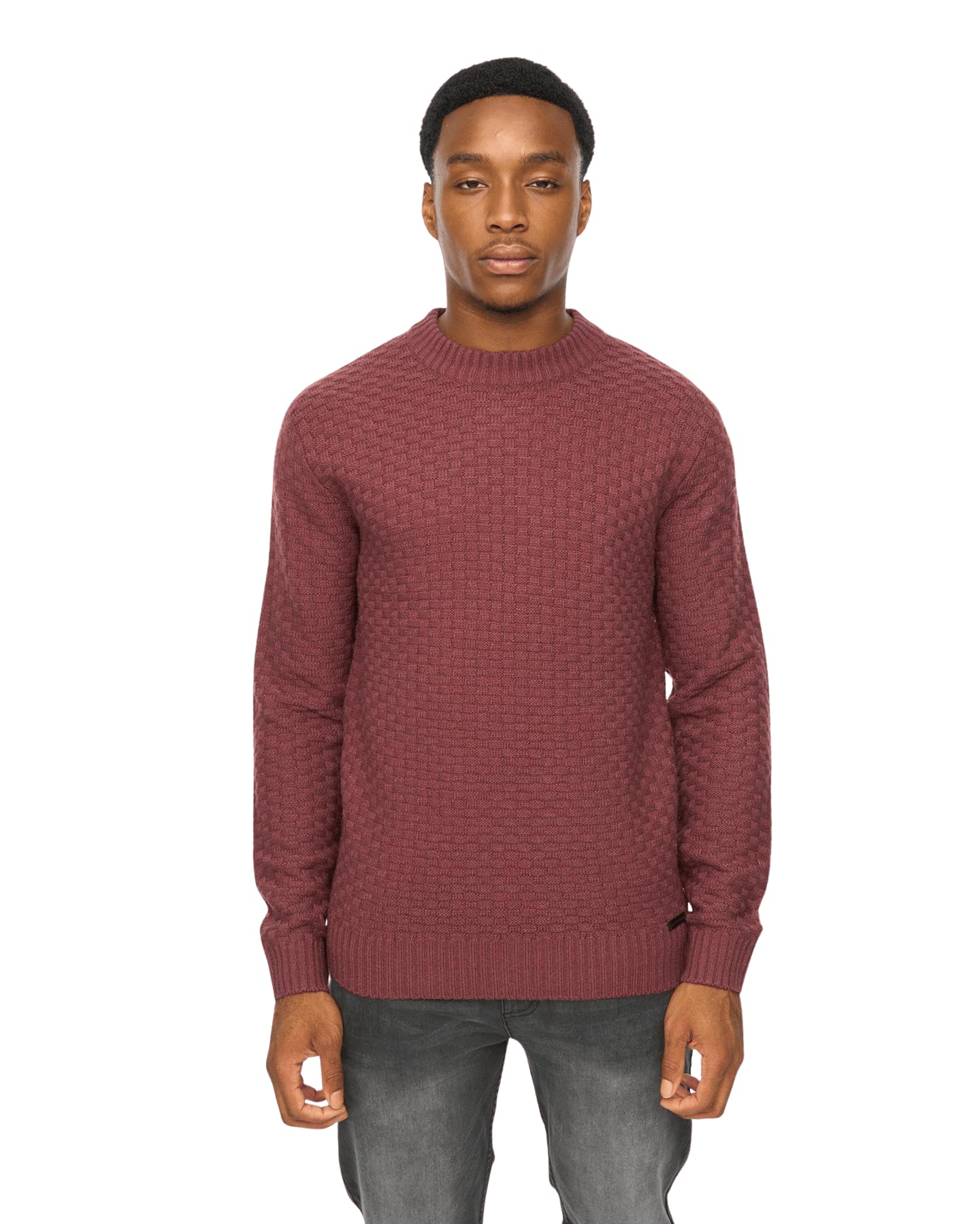 Duck And Cover Men's Matera / Raisin - Crew Knit Jumper - Textured Acrylic Blanket Weave Sweatshirt - Classic Crew Neck Pullover