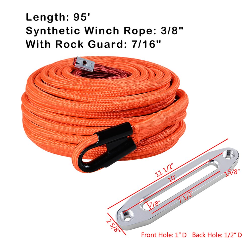 Orange 95ft x 3/8 inch (ynthetic Winch Line Cable Rope 22000LBs w/Heat and Rock Guard + Silver 10