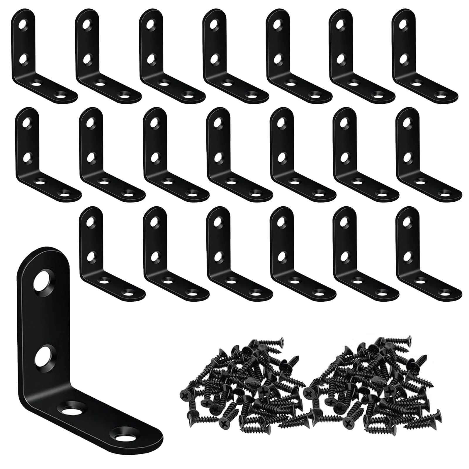 Ldzzuo 20 Pcs Angle Brackets, 90 Degree L Brackets for Wood, Corner Brace with 80 Screws, Stainless Steel Shelf Bracket for Fixing and Repairing Furniture (Black, 50x50x16mm, 4 Holes)