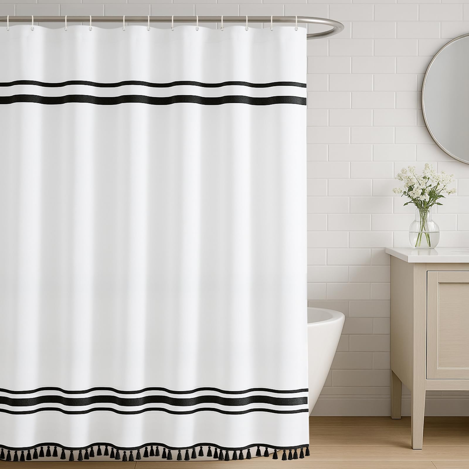 Seasonwood Black and White Shower Curtain ，78-Inch Striped Shower Curtain for Bathroom Sets with Tassels ，Farmhouse Extra Long Shower Curtains Fabric