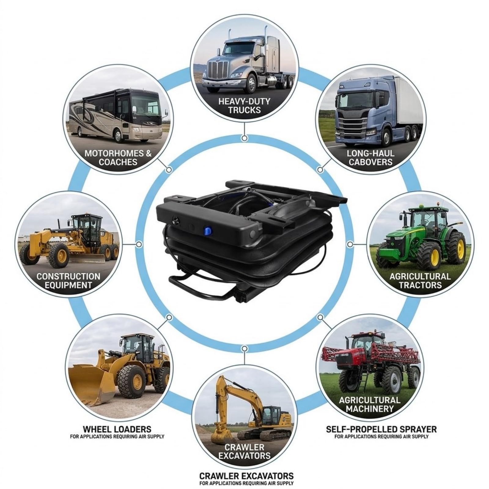 Asiento neumático para conductor de tractor agrícola, cargador de ruedas, base de suspensión de amortiguación de vibraciones con pista deslizante delantera/popa, debe conectarse al suministro de aire