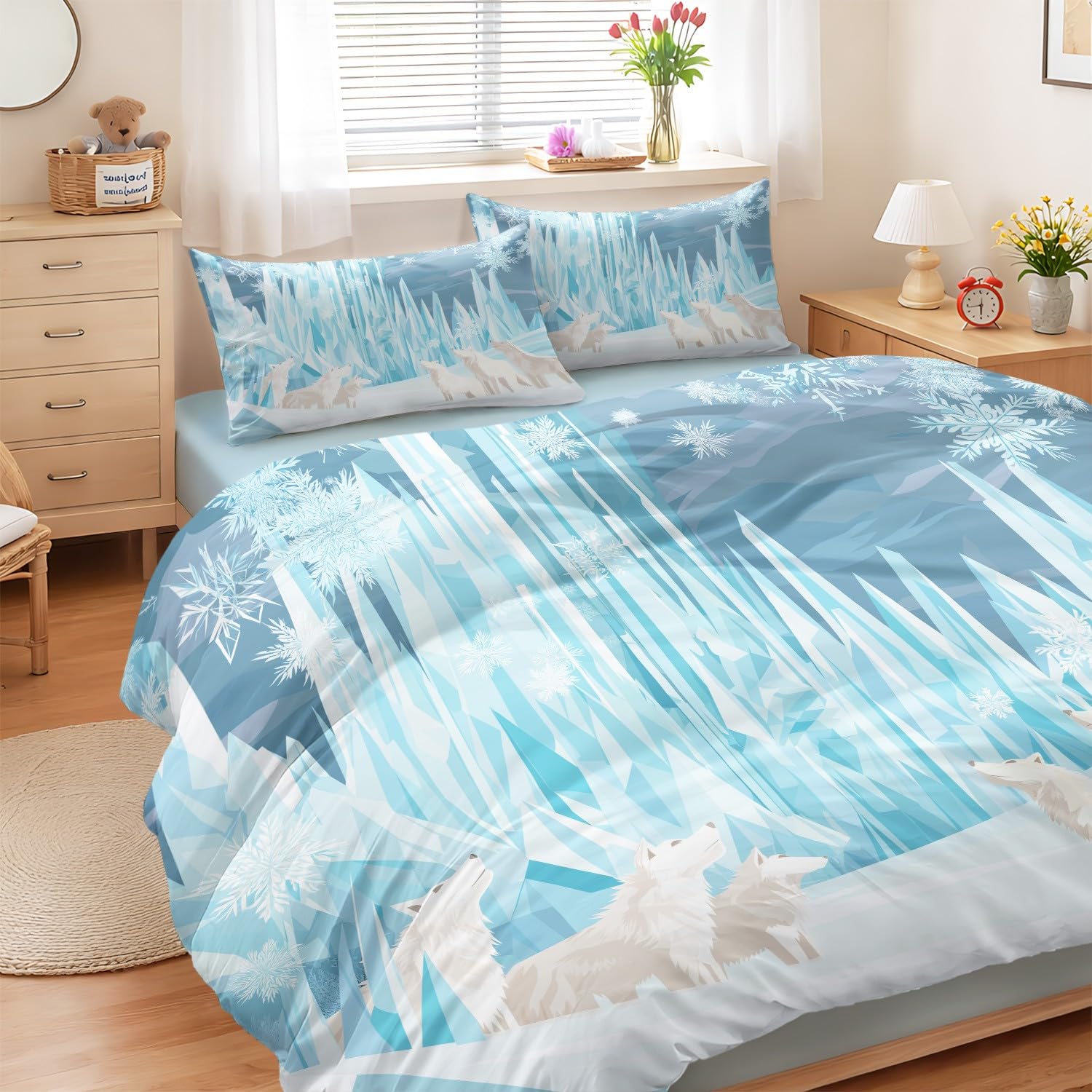 Bedding set minimaliste loup blanc en microfibre douce premium pour grand lit