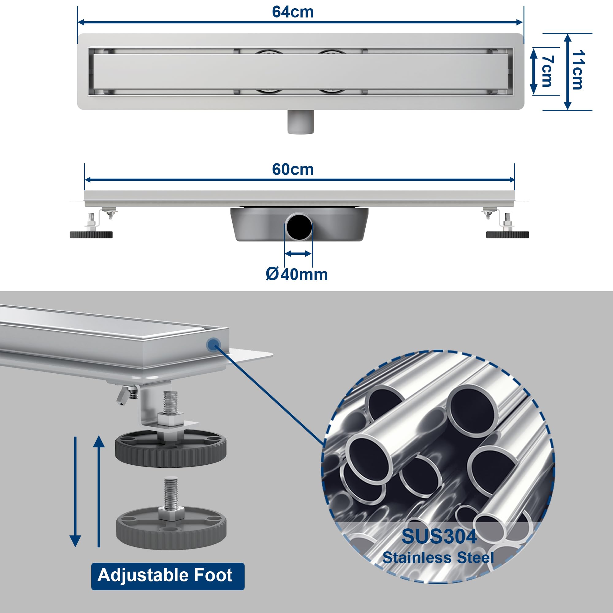 Neodrain Duschrinne 60cm Edelstahl-Duschablauf Flach mit 2 Abflüsse, 360° Siphon Befliesbarer Duschabfluss mit Geruchsverschluss und Haarsieb